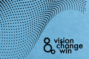 Image Description: gradient of dots in the shape of wave on a blue background. Vision Change Win logo in the bottom right in black.