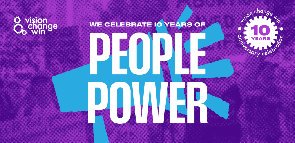 A purple banner with a halftone pattern. On the left is the Vision Change Win logo with three white gears and the text “vision change win.” In the center, large white text reads “We Celebrate 10 Years of” above bold, uppercase “People Power,” which is overlaid on a bright blue megaphone graphic. On the right, a white circular gear emblem contains “10 Years” in purple, with “vision change win anniversary celebration” written around the circle.